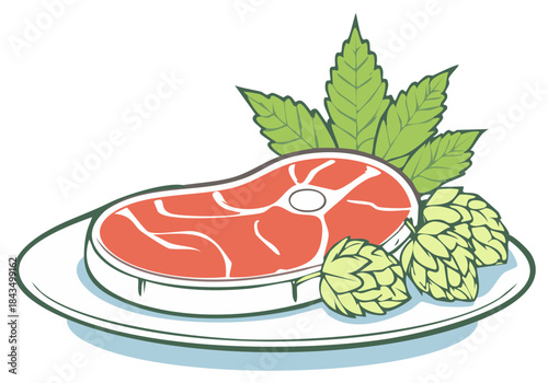 Raw Beef Steak with Hops and Greens on a Plate an Appetizing Presentation