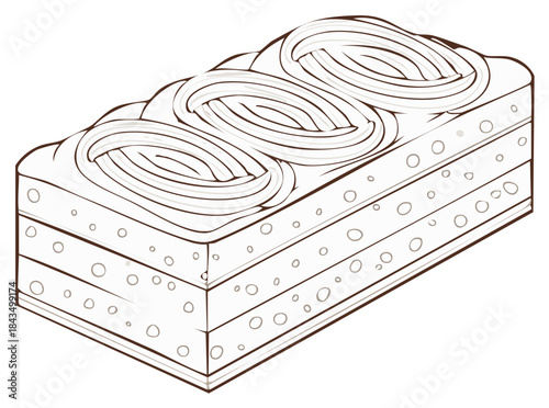 Layered rectangular dessert illustration with swirled frosting topping design