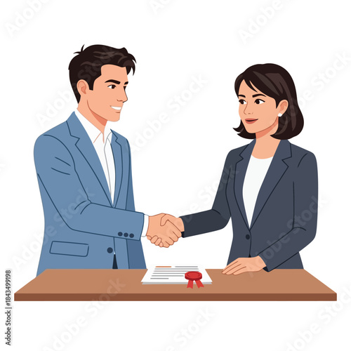Professional businesswoman and businessman close deal with a handshake