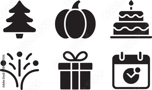 Holiday and celebration icons: Christmas tree, pumpkin, birthday cake, fireworks, gift, calendar