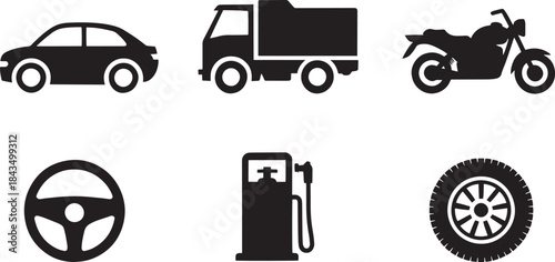 Collection of transportation and automotive icons: car, truck, motorcycle, steering wheel, gas pump, tire