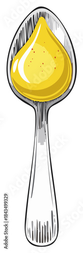 Hand-drawn illustration of a spoonful of golden cooking oil with spices
