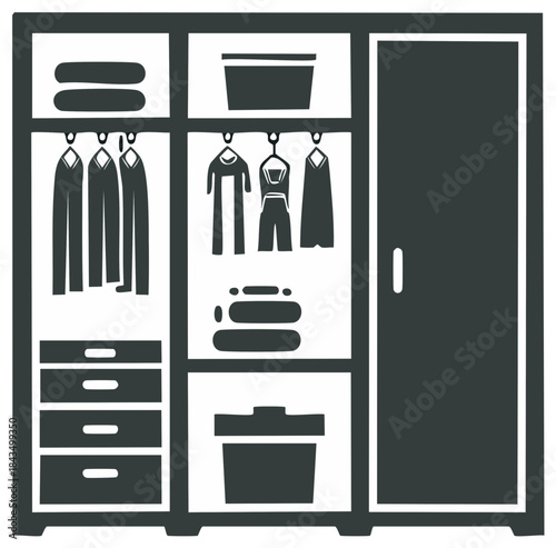 Monochrome vector icon of a closet organizer with hanging clothes, folded garments, and storage bins