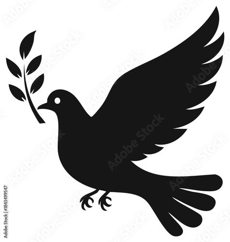Silhouette of a dove in flight holding a green olive branch symbolizing peace