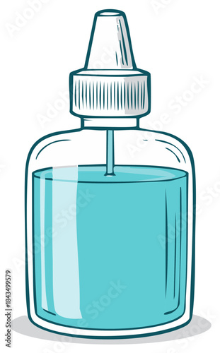 Cartoon illustration of a glass dropper bottle with blue liquid medicine or serum.