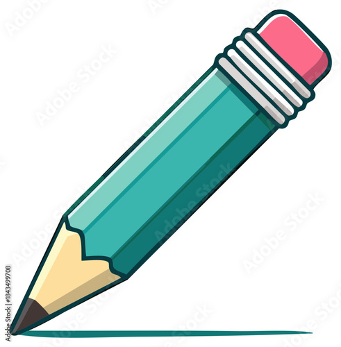 Sharp Teal Pencil with Pink Eraser Drawing a Horizontal Line, Creative Illustration