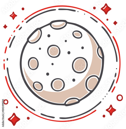 Whimsical illustration of a cratered moon surrounded by cosmic starry accents and circular orbits