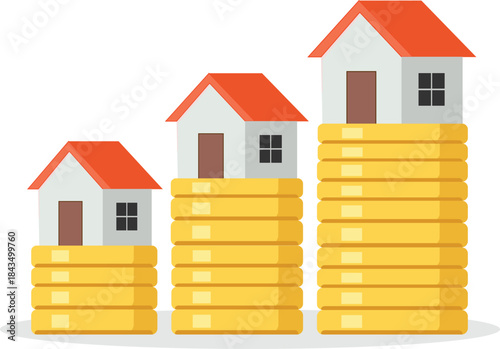 Real Estate Investment Growth, Minimalist House on Gold Coin Stack Vector