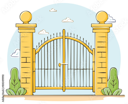 Ornate grand entrance gate with decorative stone pillars and green plants under a clear sky