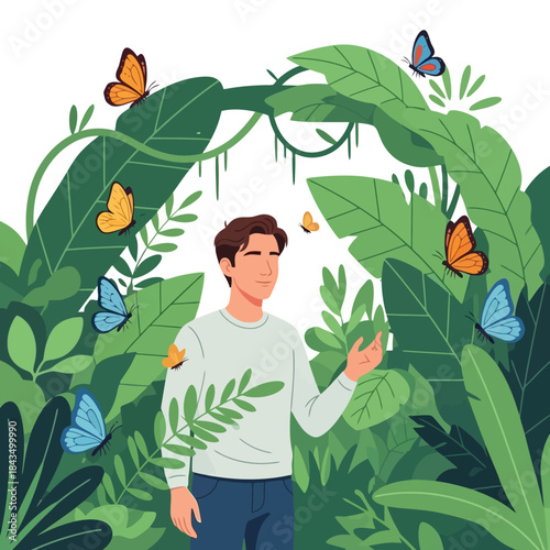 Man amidst butterflies in a lush jungle, a calm nature escape scene