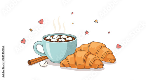 A cozy breakfast scene featuring a steaming mug of hot chocolate with marshmallows, fresh croissants, and cinnamon sticks, adorned with cute hearts and stars.