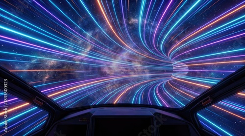Fototapeta Naklejka Na Ścianę i Meble -  Futuristic spaceship cockpit view of a vibrant neon light speed tunnel through space and galaxies warp