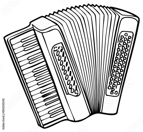 Classic accordion musical instrument in a simple black and white line art illustration