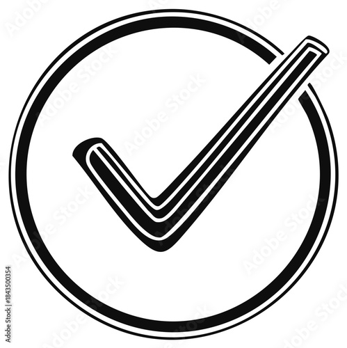 Bold black checkmark icon inside a circle representing approval confirmation correctness and validity