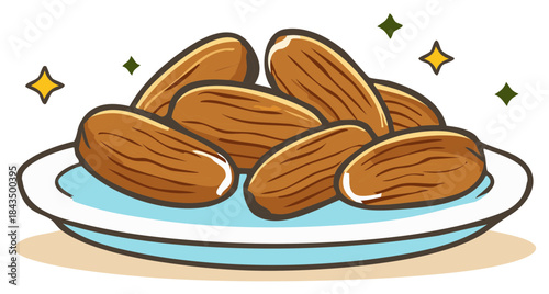 Delicious and healthy dates arranged on a stylish ceramic plate with star sparkles