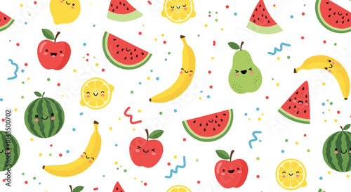 Vibrant seamless pattern with smiling fruit characters including apples, watermelons, bananas, lemons, and pears, scattered with confetti.