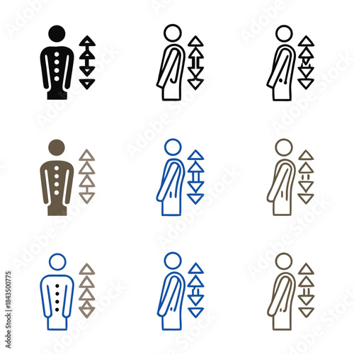 Set of nine human figure icons illustrating vertical movement adjustment or elevator control functions