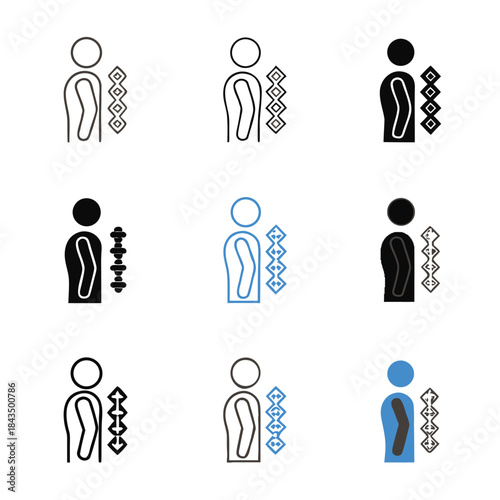 Collection of human body spine health and chiropractic treatment icons in various styles