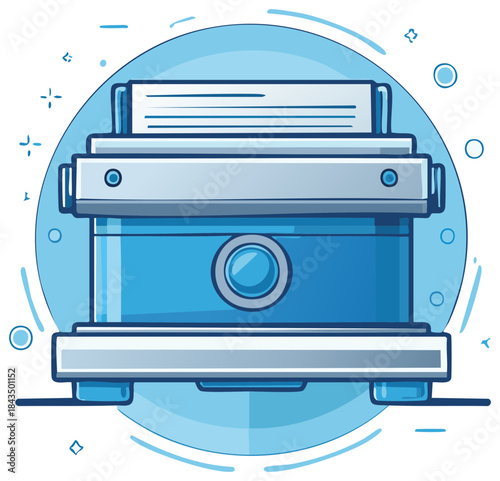 Minimalist blue office printer with blank documents for creative digital illustration