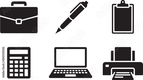 Office work and education icon set with briefcase pen clipboard calculator laptop printer