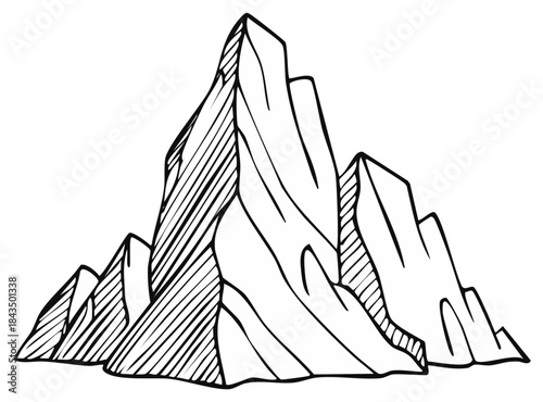 Hand-drawn mountain range illustration, sketch of rocky peaks, mountainscape scene, geology art in black and white, adventure concept