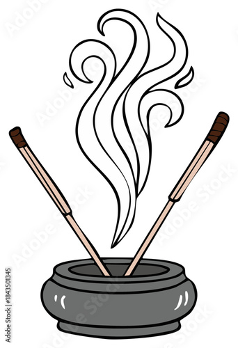 Two incense sticks burning in a stone pot releasing aromatic smoke in swirling patterns