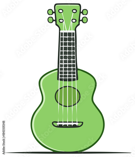 Simple green ukulele illustration with string details and tuning pegs