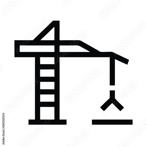 Simple black and white line icon representing a tower crane lifting materials at a construction site
