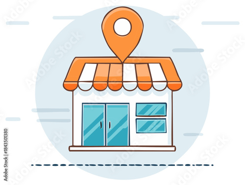 Store location marker shows retail business establishment with awning and windows