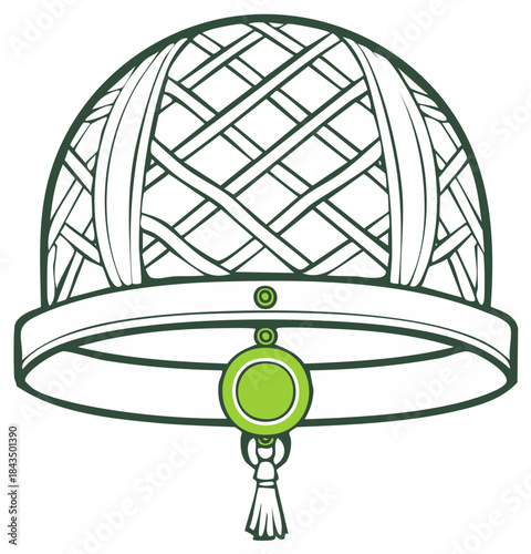Traditional woven helmet illustration with green accent and decorative tassel