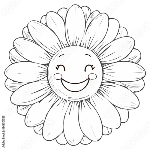 Cute Daisy with Happy Face Line Art Illustration Smiling Flower with Petals Coloring Page Cartoon Design
