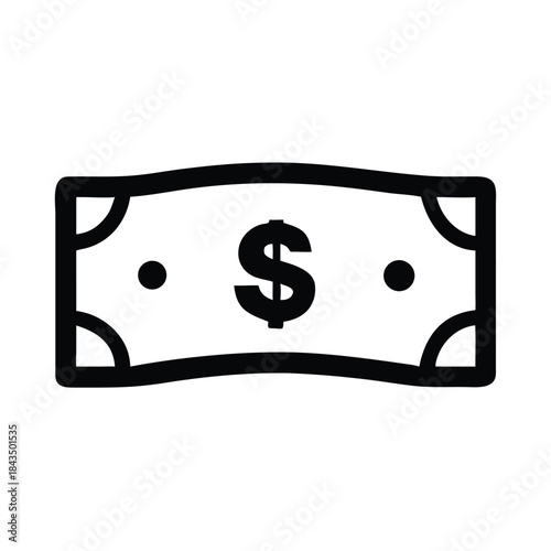Simple black and white icon representing a dollar bill currency symbol for finance and banking concepts