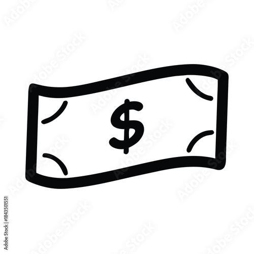 Simple hand drawn doodle icon representing a waving dollar bill banknote with currency symbol