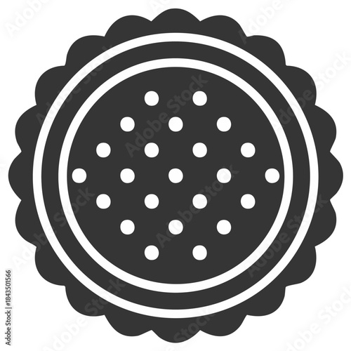 Circular biscuit icon design with wavy edges and inner spots, cookie vector illustration