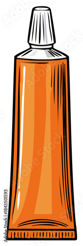 Orange squeeze tube with a white cap and black outline isolated on white