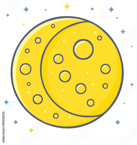 Cartoon Moon with Craters and Stars Night Sky Celestial Body Illustration