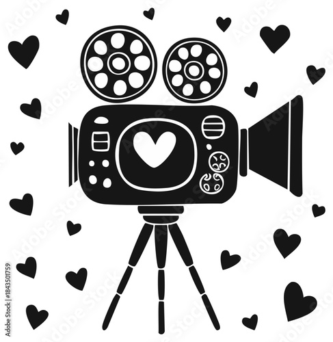 Retro movie camera with heart lens surrounded by scattered hearts vector illustration