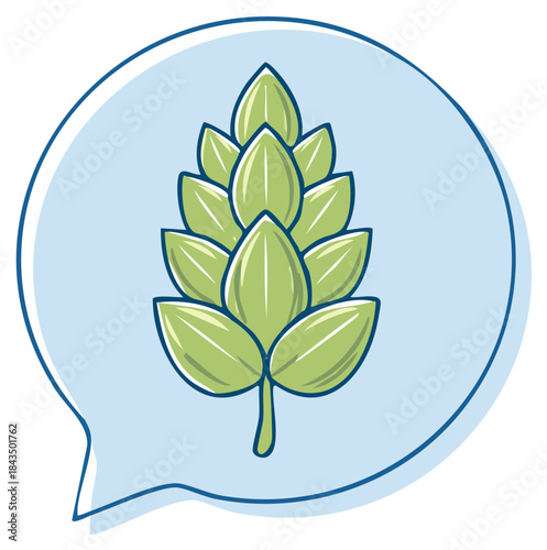 Green Hop Cone Illustration in Light Blue Speech Bubble with Dark Blue Outline