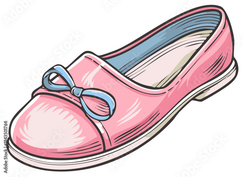 Elegant Pink Ballerina Shoe with Blue Bow Fashionable Flat Design Illustration