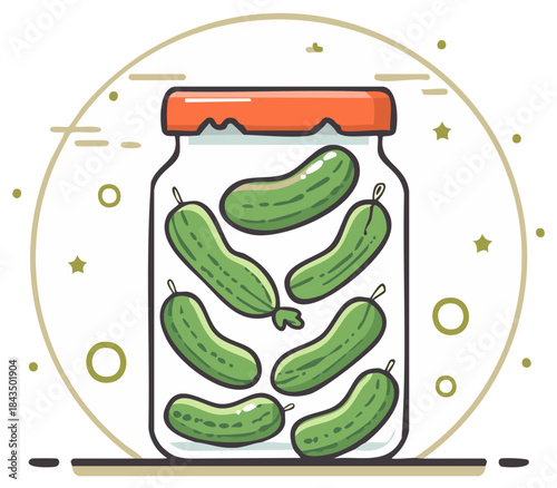 Cartoon Jar Filled With Pickles Illustration Food Preparation and Preservation of Delicious Green Vegetables
