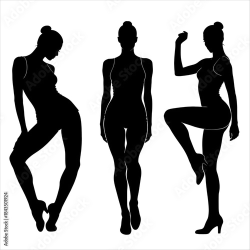 Vector set of three black silhouettes of a woman in expressive dance poses, including a bent‑leg stance, upright posture, and raised‑arm movement