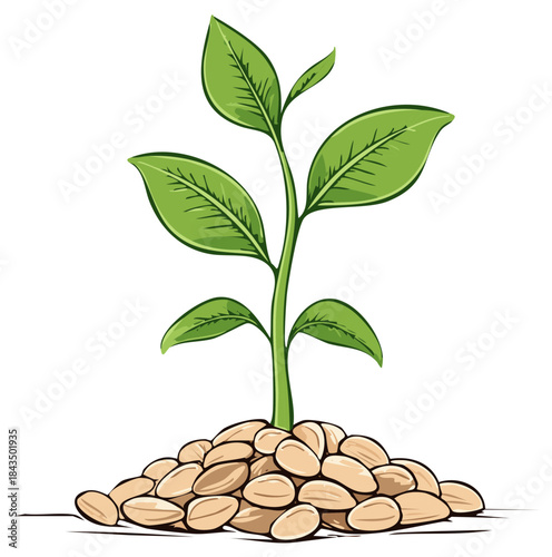 Young green plant sprout growing from pile of seeds new life concept illustration