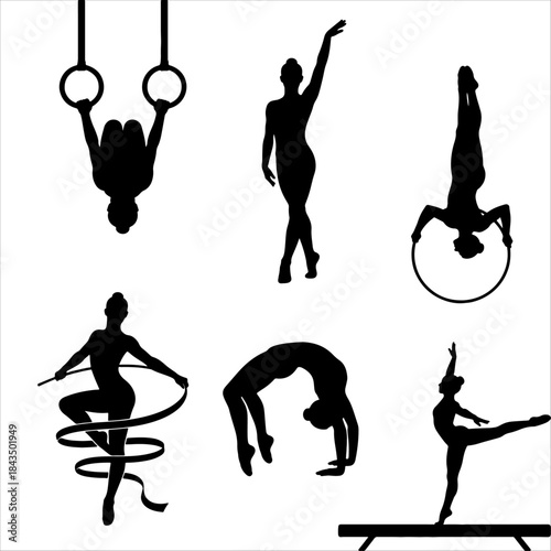 Silhouettes of six gymnasts performing routines including ribbon twirl, handstand on hoop, and balance beam pose, suitable for sports and performance themes as a vector
