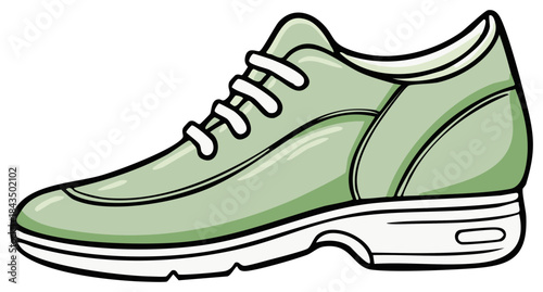 Illustration of a single green sneaker with white laces and sole for fitness and everyday use