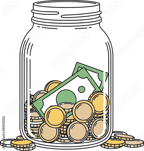 Financial Harvest: A transparent jar overflows with wealth, containing both shining coins and crisp bills. This visual metaphor captures the essence of savings and financial security.
