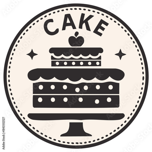 Three-Tiered Cake on a Stand Logo Badge, Celebratory Icon, Decorated Pastry with Dotted Border and Stars