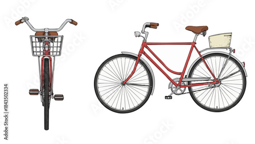 Charming classic red bicycle illustration for urban commuting and leisurely rides, featuring convenient front and rear baskets