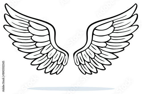 Pair of stylized black and white angel wings with detailed feathering and shadow outline