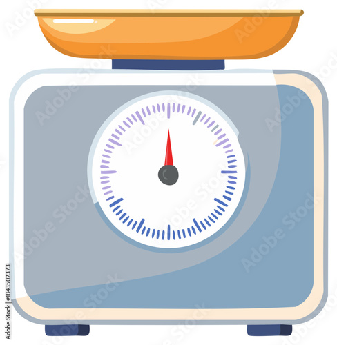 Retro analog kitchen scale with an orange tray for measuring food ingredients