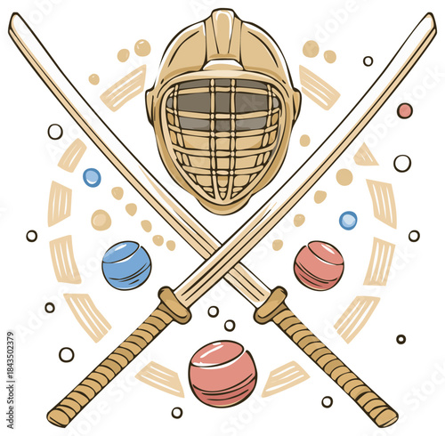 Traditional Japanese Sport Illustration: Helmet, Swords and Balls